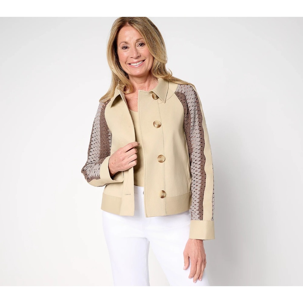 LOGO by Lori Goldstein Artisan Crochet & Twill Jacket Neutral Combo, Large #581T